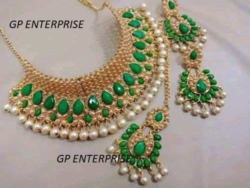 Indian gold plated necklace set for_women-3 Part Earrings & Tikli