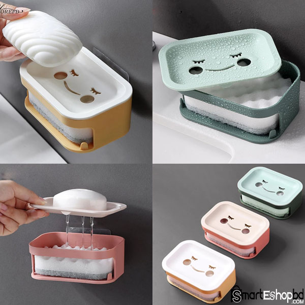 OYOREFD Cartoon Wall Mounted Double Layer Soap Holder Bathroom Drain Soap Box Plastic Sponge Soap Dish Bathroom Accessories