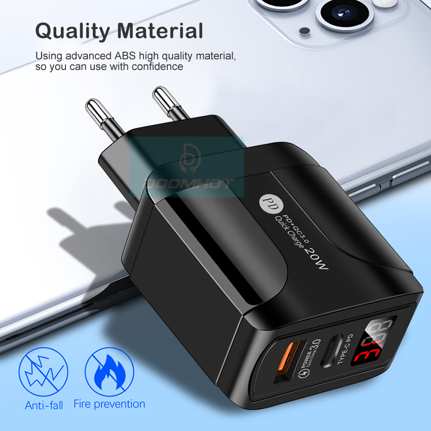 DoomHot Quick Chargers Phone Charger Digital Display Charge 20W PD 3.0 USB Charger 5V 4A Max Widely Samsung Realme Chargers Wall Phone Charger EU Plug