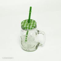 Juice Glass Straw Jar with Lid and Straw Summer Ice Cream Fruit Cold Drinking Water Jars Cold Coffee Juice Cup Glass Mason Jar (500 ml)