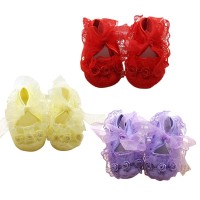 Baby Girls Shoes Purple Soft Lace Ribbon Flower Design for (0 Month -1 Year)