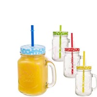 Juice Glass Straw Jar with Lid and Straw Summer Ice Cream Fruit Cold Drinking Water Jars Cold Coffee Juice Cup Glass Mason Jar (500 ml)
