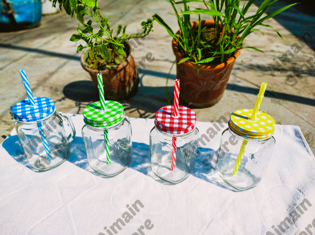 Juice Glass Straw Jar with Lid and Straw Summer Ice Cream Fruit Cold Drinking Water Jars Cold Coffee Juice Cup Glass Mason Jar (500 ml)