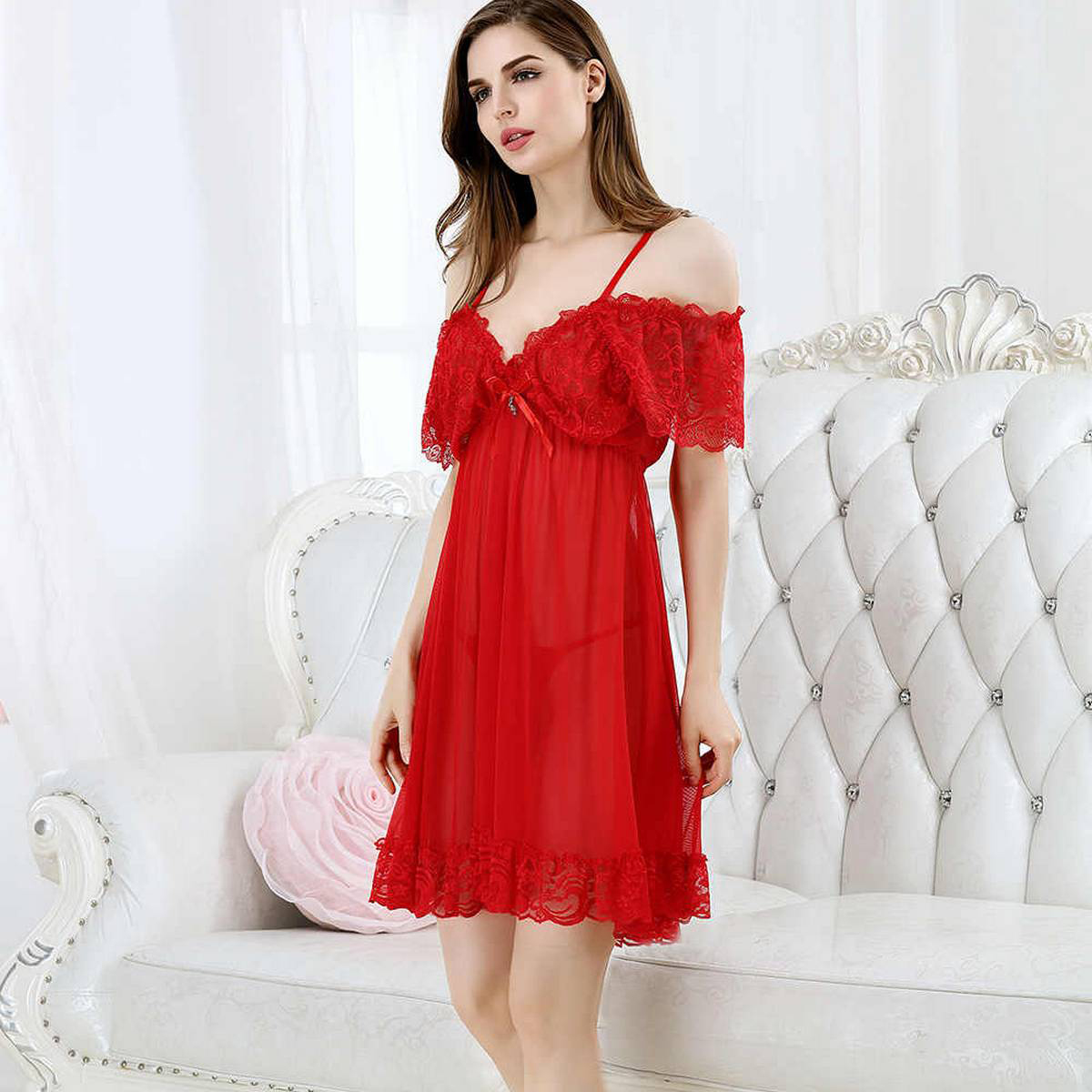 Sexy Women And Girls Nightgown Sleepwear Night Dress Nightie Babydoll Chemise Nightdress Baby Doll Nighty Sleep Shirt Ladies Lingerie Robe (S71Red)