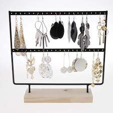 Wooden Jewelry Display Stand Metal Hook Earrings Necklace Storage Rack Gold
